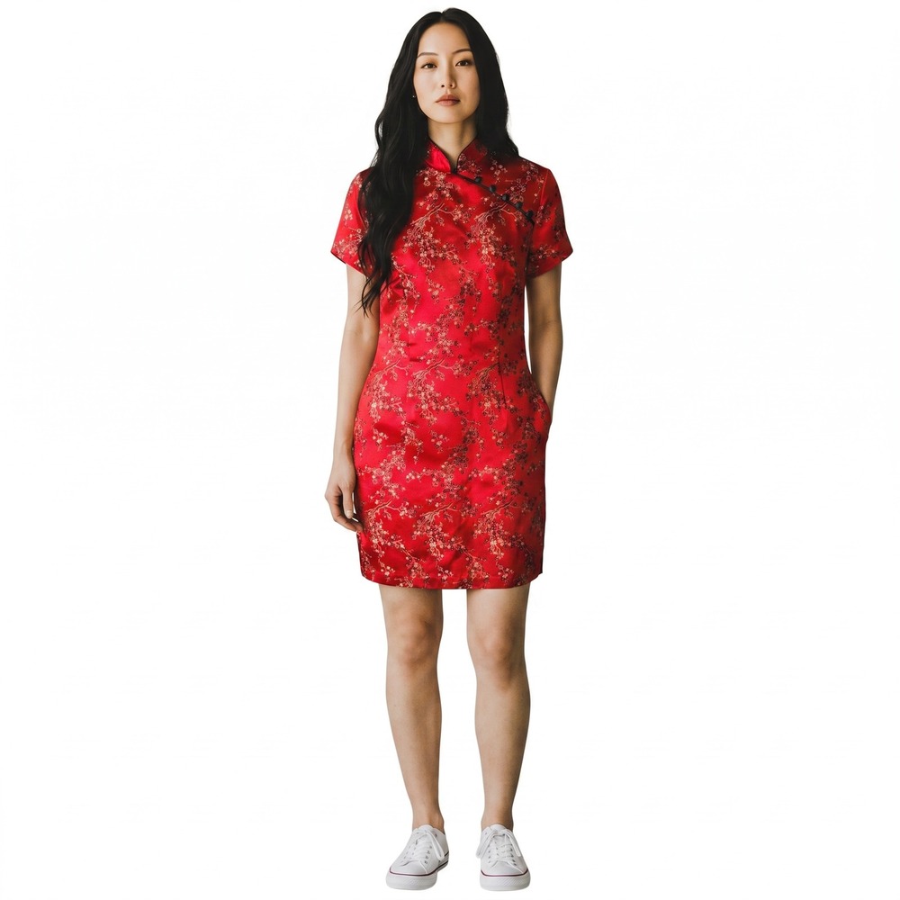 Ronni Nicole Red Floral Jacquard Cheongsam Qipao Dress Mandarin Collar Size 10